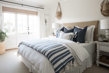 A charming Coastal Bedroom featuring a mix of stripe patterns, nautical rope decor, and crisp white linens for a fresh, airy feel, generative ai