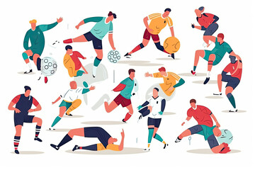 Fototapeta na wymiar Soccer stadium players. Football match, athletes fighting, kicking ball, dynamic poses of people