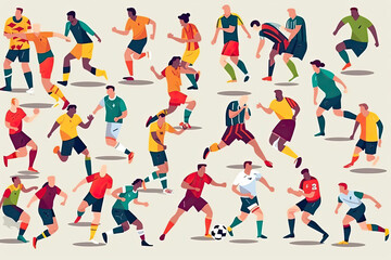 Fototapeta na wymiar Soccer stadium players. Football match, athletes fighting, kicking ball, dynamic poses of people