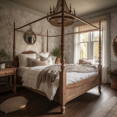 A Farmhouse Bedroom with a touch of sophistication, featuring a four-poster bed, textured wallpaper, and a chandelier made of repurposed materials, generative ai