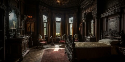 A decadent Victorian Bedroom featuring dramatic, carved woodwork and abundant texture in sumptuous velvets and silks, generative ai