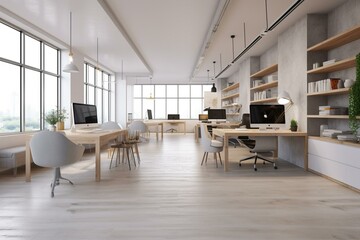 Fototapeta na wymiar Contemporary bright coworking office interior with furniture, equipment and other items. Workplace and commercial space concept. 3D Rendering. Generative AI
