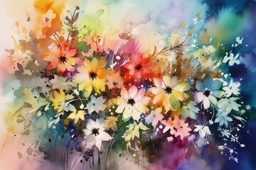 Fototapeta na wymiar Abstract colorful flowers watercolor painting. Spring multicolored flowers. Generative AI