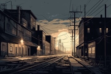 Naklejka na ściany i meble Industrial urban street city night scene with vintage factory warehouses and train tracks. Generative AI