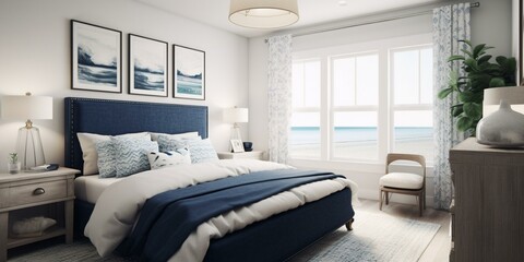 A coastal Nautical Bedroom showcasing a navy blue upholstered bed, whitewashed nightstands, a starfish print rug, and a seaglass pendant light, generative ai