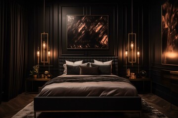 Fototapeta premium A contemporary Gothic Bedroom with abstract artwork, geometric lighting and metallic accents, generative ai