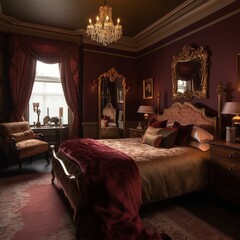 A sumptuous Victorian Bedroom boasting rich, mahogany finishes and plush, lavish textiles in a decadent colour scheme of golds and burgundy, generative ai