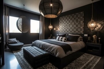 A striking Moroccan Bedroom with an oversized pendant light, bold geometric patterns, and a dramatic wall hanging, generative ai