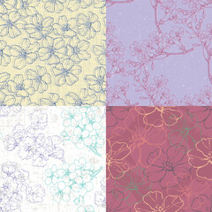 Seamless pattern Sakura with cherry tree blossom. Vintage hand drawn vector illustration in sketch style.