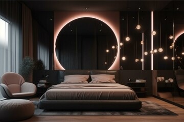 A futuristic Retro Bedroom with avant-garde lighting and statement furniture pieces for a bold statement, generative ai