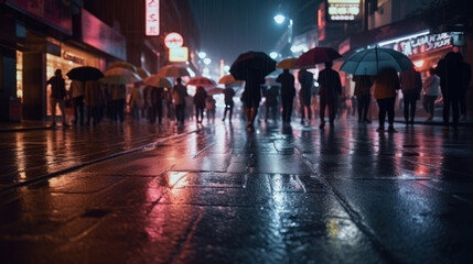 A bustling city street during a rainy night neon, Generative AI