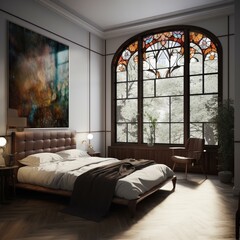 A modern Art Nouveau Bedroom with a clean and fresh aesthetic, highlighted by a stunning stained glass wall, a sleek platform bed, and contemporary accent chairs, generative ai