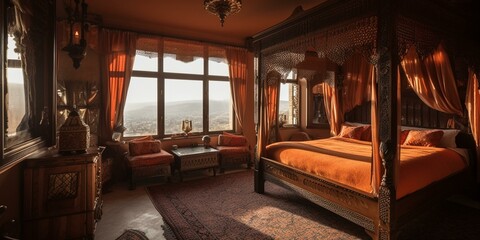 A Moroccan Bedroom with warm tones and intricate patterns, featuring a four-poster bed draped in silk fabric, generative ai