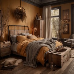 A rustic bedroom with an earthy feel, using natural materials and textures with rustic wood furniture, a neutral palette, and metalwork accents in ochre tones, generative ai