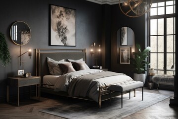 A modern twist on Art Deco bedroom with a focus on simplicity and minimalism, featuring clean lines, contrasting textures, and pops of metallic finishes, generative ai