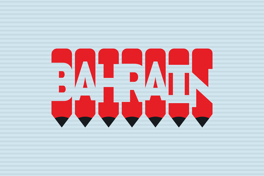 Bahrain text with Pencil symbol creative ideas design. Bahrain flag color concept vector illustration. Bahrain typography negative space word vector illustration. Bahrain country name vector design.