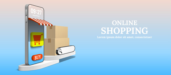 Phone with shopping cart and buy button on screen. Parcel packaging boxes and search bar on podium. Online shopping concept 3d vector.