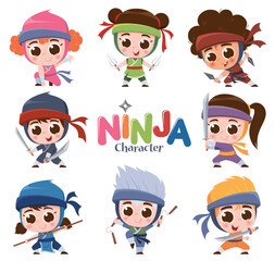 Vector illustration of Cartoon Cute Ninja character set. Kids costume ninja © sararoom