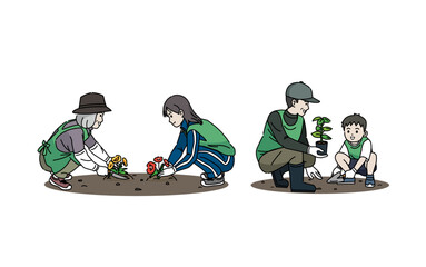 ボランティア活動と環境保護　花や植物の苗を植える人達のイラスト - obrazy, fototapety, plakaty