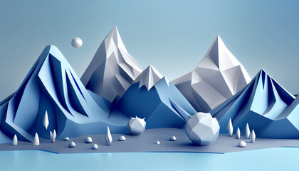 Generative AI, Blue and White Abstract Mountain Landscape