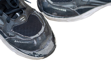 Fototapeta na wymiar Close up broken old black shoes on transparent background