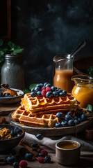 Waffles with blueberries, raspberries and honey - Generative AI
