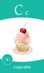 English alphabet flash card. Letter C study - cupcake.  Kids ABC cards. Phonics flashcards collection. Cartoon illustration vector.