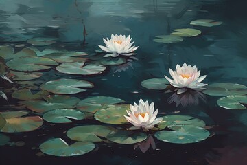 Fototapeta na wymiar Water lilies in Japanese style. Digital painting. Generative AI