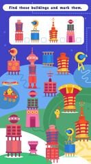 Fototapeta premium Find buildings and mark them. Educational puzzle game for children. Color vector illustration. Aliens in space.