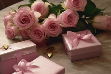 Celebrating Mom in Style Gift Boxes and Pink Roses, Generative AI