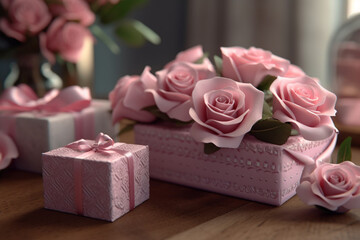 Obraz na płótnie Canvas Mom in Style Gift Boxes and Pink Roses, Generative AI