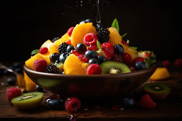 Fruit salad of peaches, kiwis and berries in a bowl - Generative AI