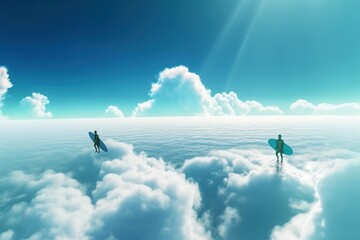 People surfing down a bright cumulonimbus clouds. Generative AI.