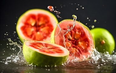 Whole and slice of Guava fruit with water splash on black background. Fresh Guava dropped into the water with a splash.