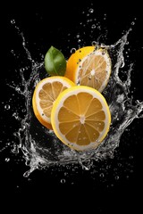 Fototapeta na wymiar Lemon fruits slice with water splash. Generative AI.