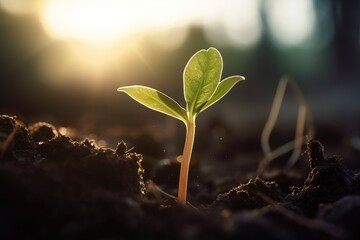 Young growing plant with ground and dawn light. Generative AI.