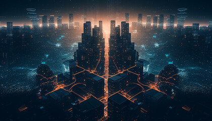 The night city is connected by a global network. Generated AI