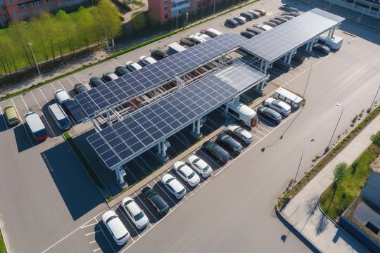 A modern solar carport for public vehicle parking is outfitted with solar panels producing renewable energy. Generative AI.
