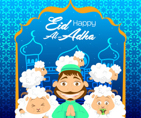 a poster for eid al adha with sheeps and a man greetings
