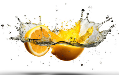 Half of the lemons fruit with water splash isolated on white background. Fresh lemon fruit dropped into water with a splash. Generative AI.