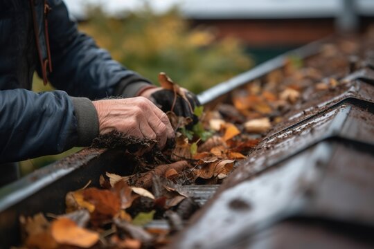 A man is cleaning a clogged roof gutter from dirt, debris and fallen leaves to prevent water damage and let rainwater drain properly. Generative AI.