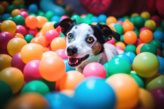 A happy dog playing in a kids ball pit. Generative AI.