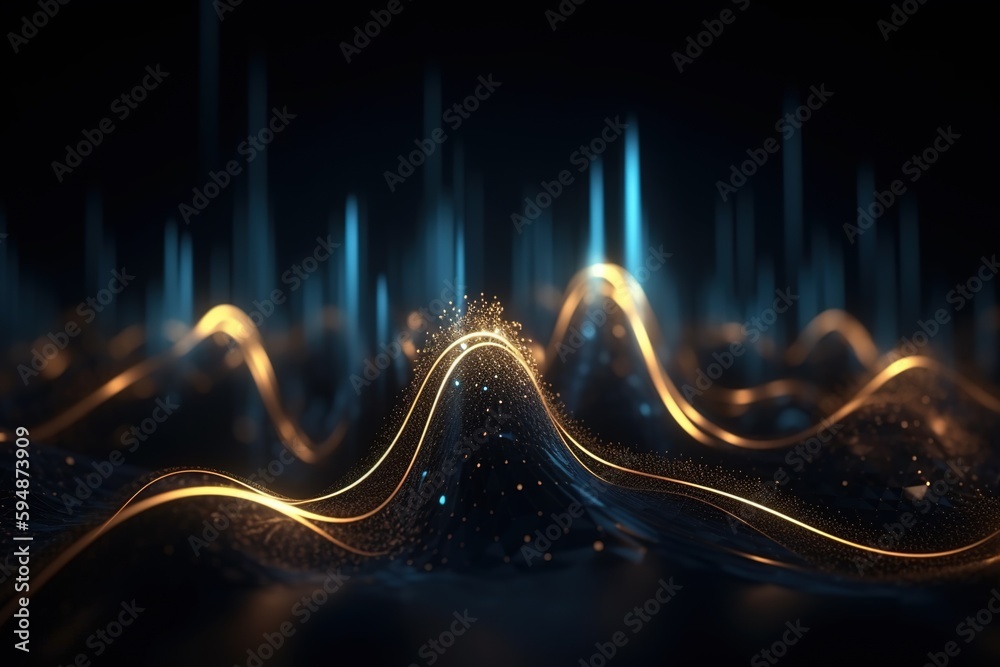 Wall mural abstract background with dark blue gold glowing curve and bokeh lights. generative ai.