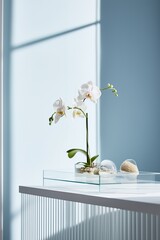 White orchid in the room. Generative AI.