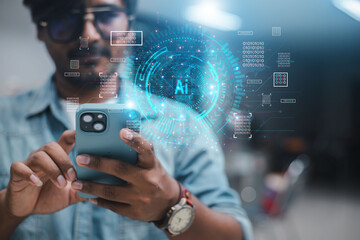 The concept of using AI to authenticate personal identity to secure data protection. Lock icon and online internet network security technology
