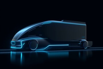 Fototapeta na wymiar Fast delivery truck on dark blue background. Truck transport. Semi trailer container. Logistic industry. Freight transportation. Futuristic truck with autonomous driving concept. Cargo. Generative AI