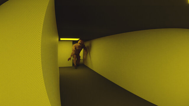 3d illustration of an entity from a nightmare or a bad dream, or from the backrooms, that is chasing the viewer.