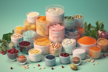 Fototapeta na wymiar Exploring various ingredients of fresh spread out of container with isolated shading background. Concept of energy food from plant base. Finest generative AI