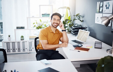 Office portrait, employee smile and happy man, business worker or male agent relax after administration research. Management, bookkeeping or Asian accountant with confidence, career growth or success - obrazy, fototapety, plakaty