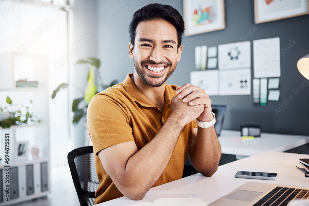 Aufkleber Smile, confidence and portrait of a man in the office while working on a business project with a laptop. Happy, success and professional Asian male corporate employee sitting by his desk in workplace
